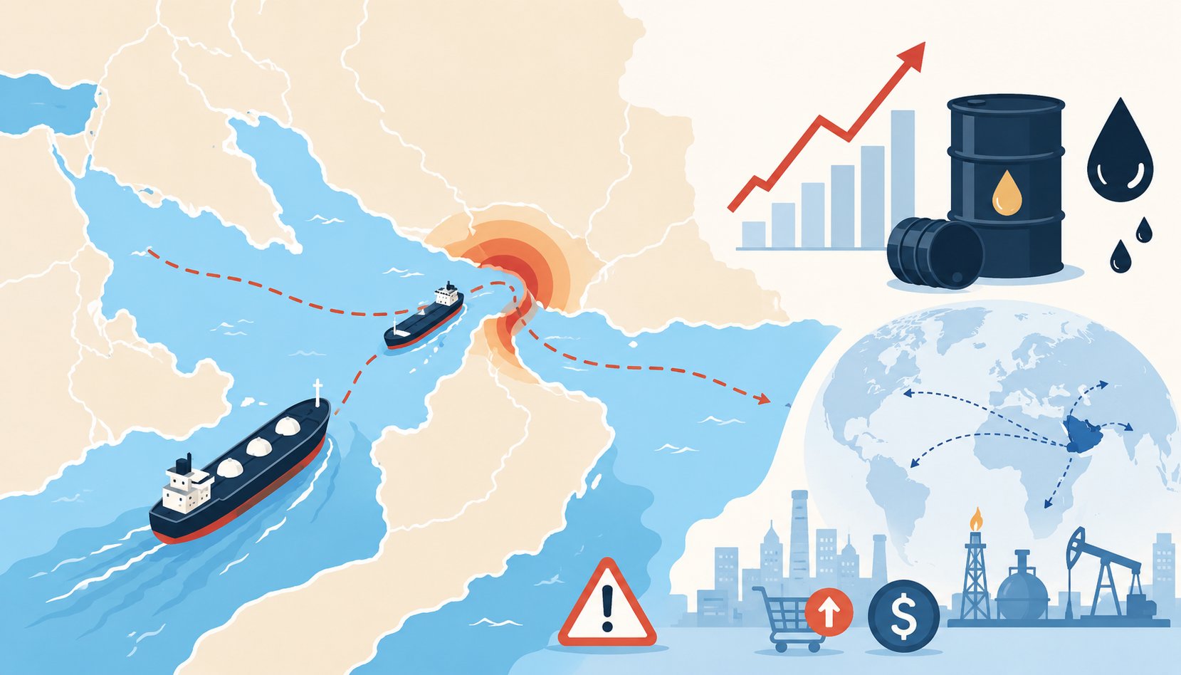Oil Market Red Zone shows Hormuz tanker routes, rising crude prices, and global inflation risk.