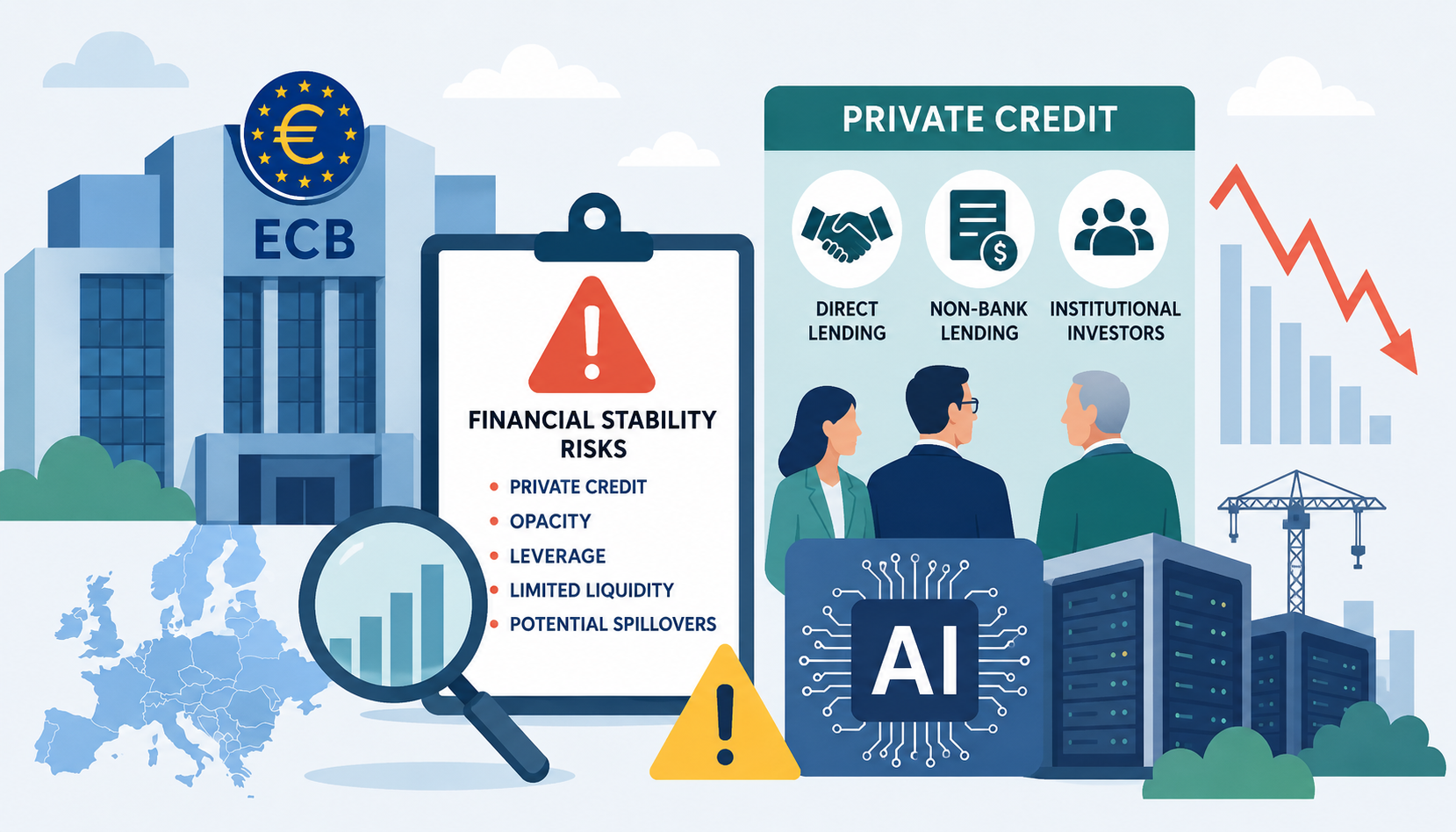 Flat vector illustration of ECB, AI networks and private-credit risk signals in eurozone markets