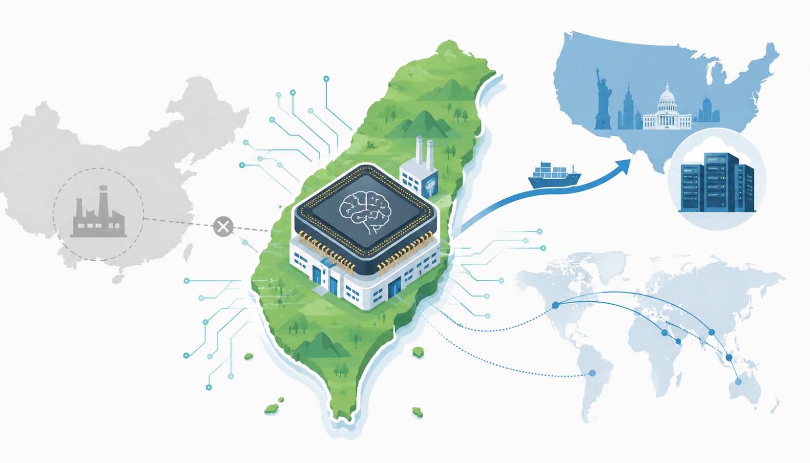 Taiwan-centered AI chip supply chain showing Nvidia risk, US links, and reduced China exposure