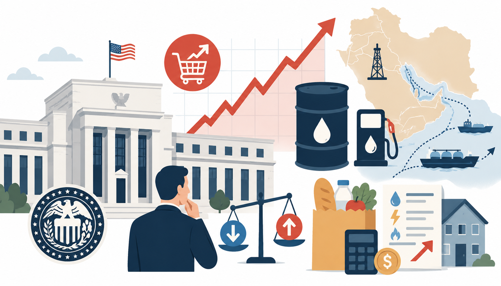 Flat illustration of U.S. inflation, Fed policy, Iran war energy costs, oil prices, and household budget pressure.