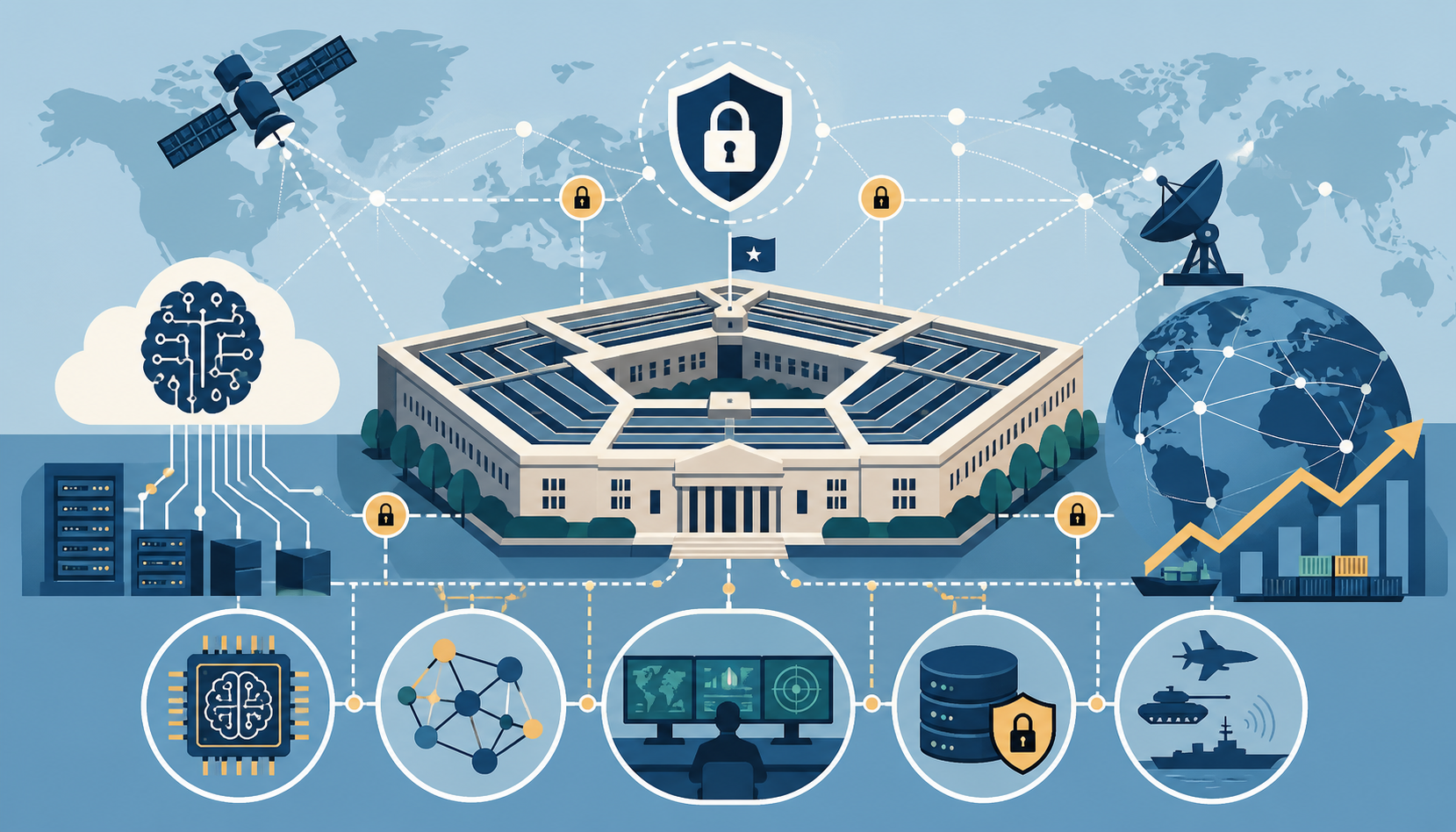 Flat-design editorial illustration of the Pentagon connected to AI chips, secure cloud systems, satellites, data networks, and global defense technology infrastructure.