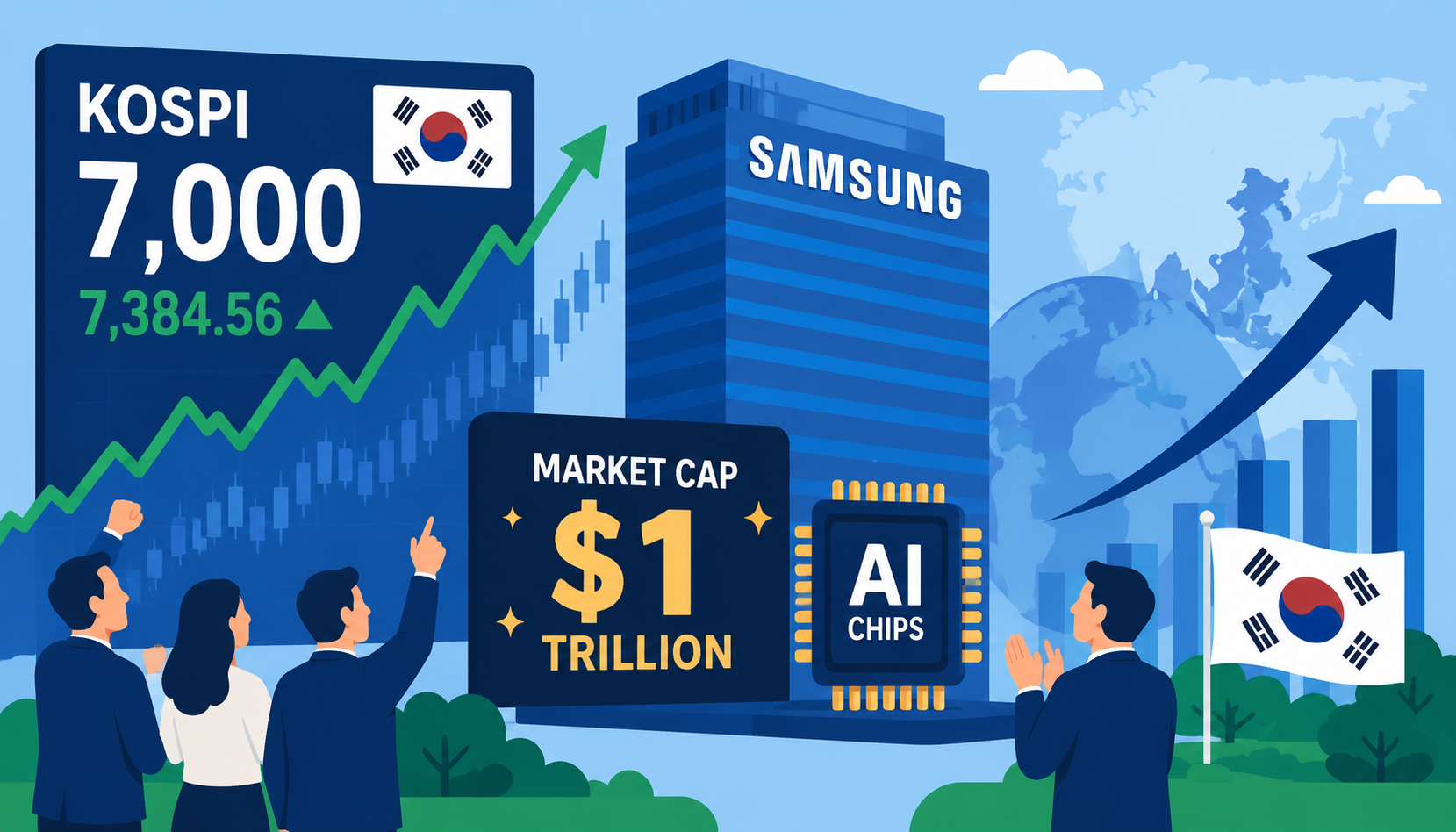 Flat vector illustration of South Korea’s KOSPI rally, with a rising market line, semiconductor chips, and global AI investment connections.