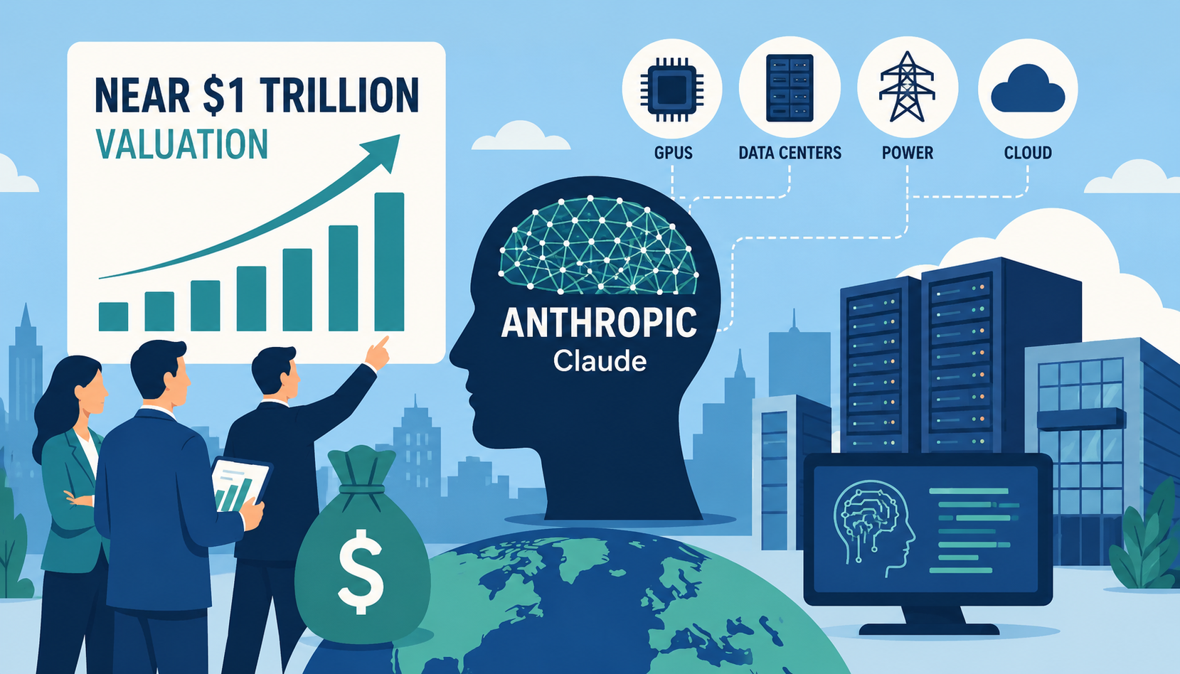 Flat vector illustration of AI infrastructure, data centers, chips, cloud computing, and global finance symbols representing Anthropic’s reported near-$1 trillion valuation.