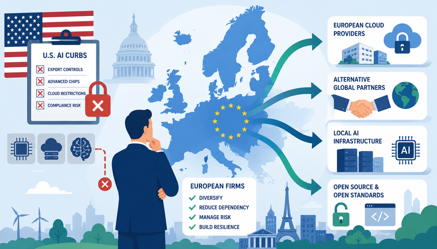 European firms diversify AI and cloud strategies as U.S. AI curbs reshape technology supply chains and risk management.