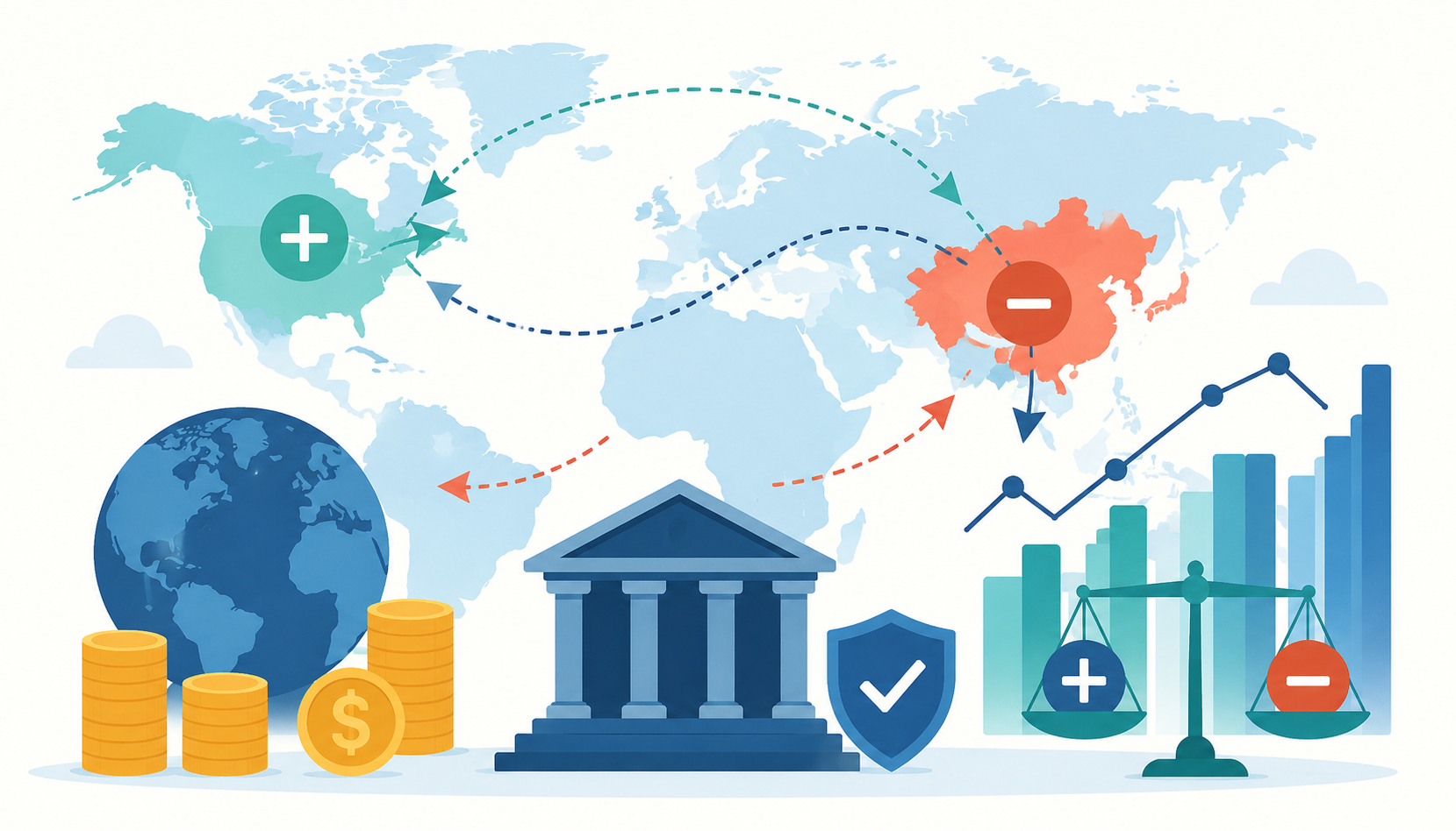 Flat vector illustration of global imbalances and financial stability risks with capital flows and central bank iconsFlat vector illustration of global imbalances and financial stability risks with capital flows and central bank icons