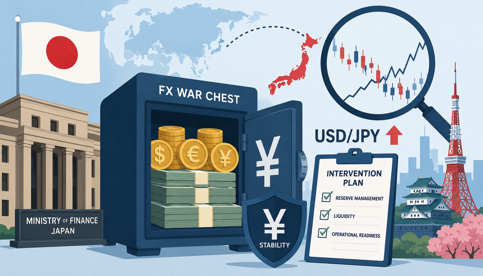 Flat vector image of Japan yen intervention, FX reserves, and market control around a secure policy war chest