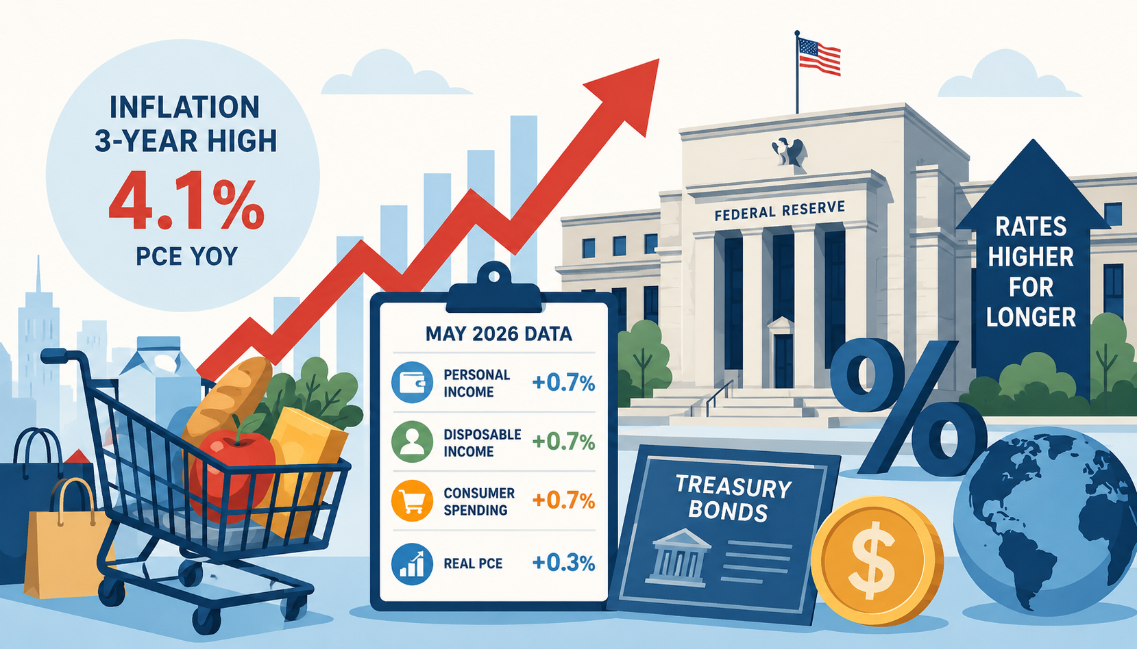 Flat-design illustration of rising U.S. inflation, stronger consumer spending, and the Federal Reserve as markets anticipate higher interest rates.