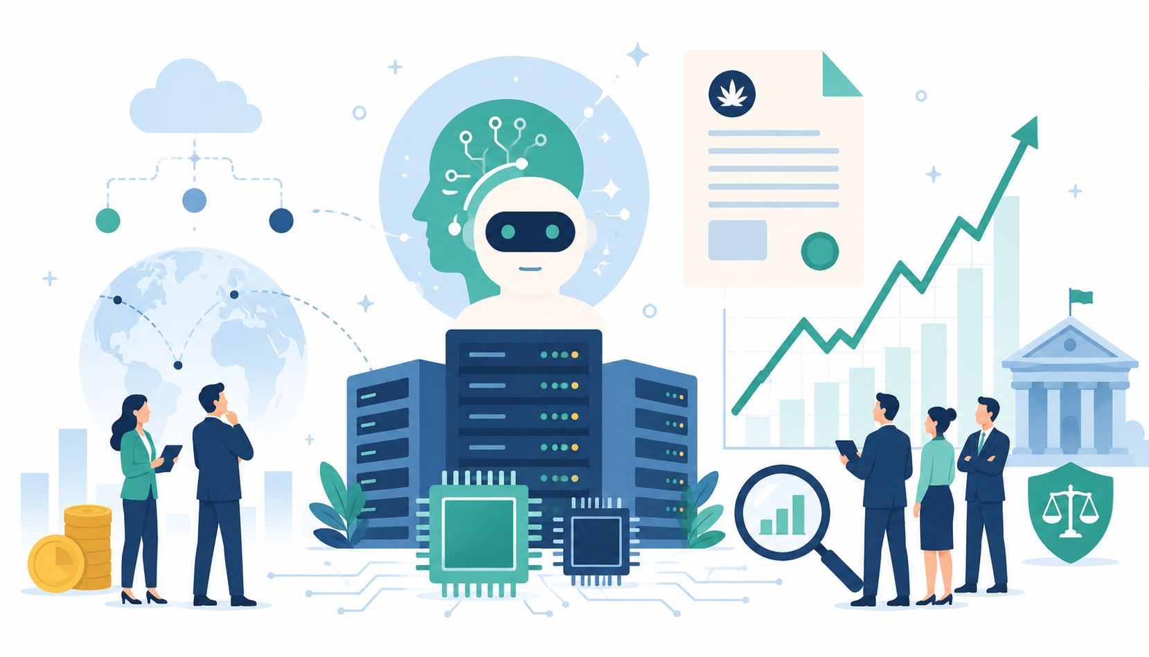 Flat illustration of Anthropic IPO, AI servers, investors, market chart, and public-market valuation scrutiny