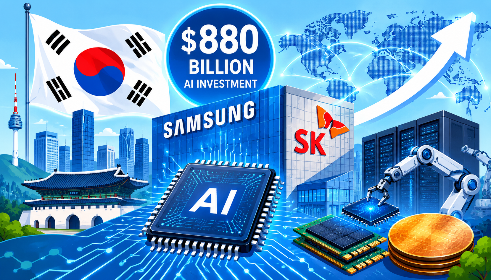 Flat-design illustration of Samsung and SK driving South Korea's $880 billion AI and semiconductor investment, highlighting advanced chips, data centers, and the global AI race.