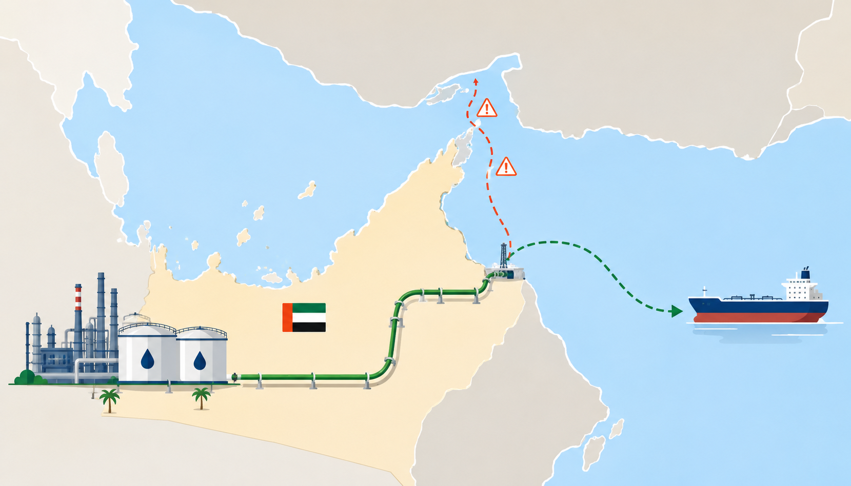 Flat vector map showing ADNOC pipeline bypassing Hormuz to support UAE energy security.