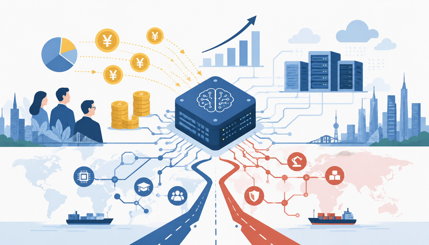 DeepSeek funding illustration showing AI chip, yuan investment flows, data centers, and global technology networks