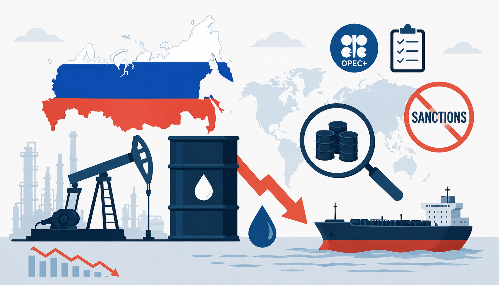 Flat illustration of Russia oil output decline, supply risk, and maintenance pressure on energy markets