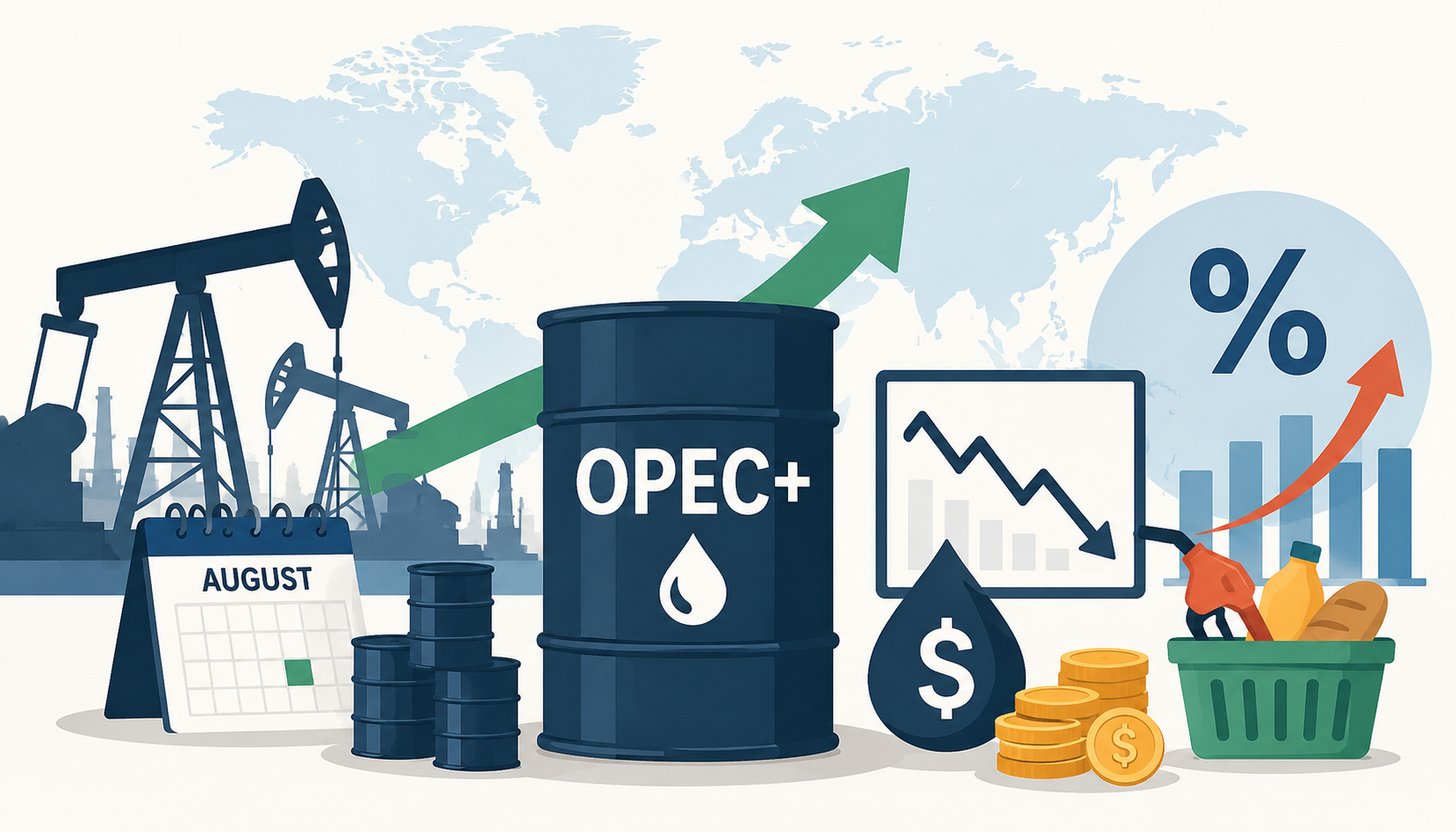 Flat-design illustration of OPEC+ oil production increase and its impact on global oil prices, inflation, and the world economy.