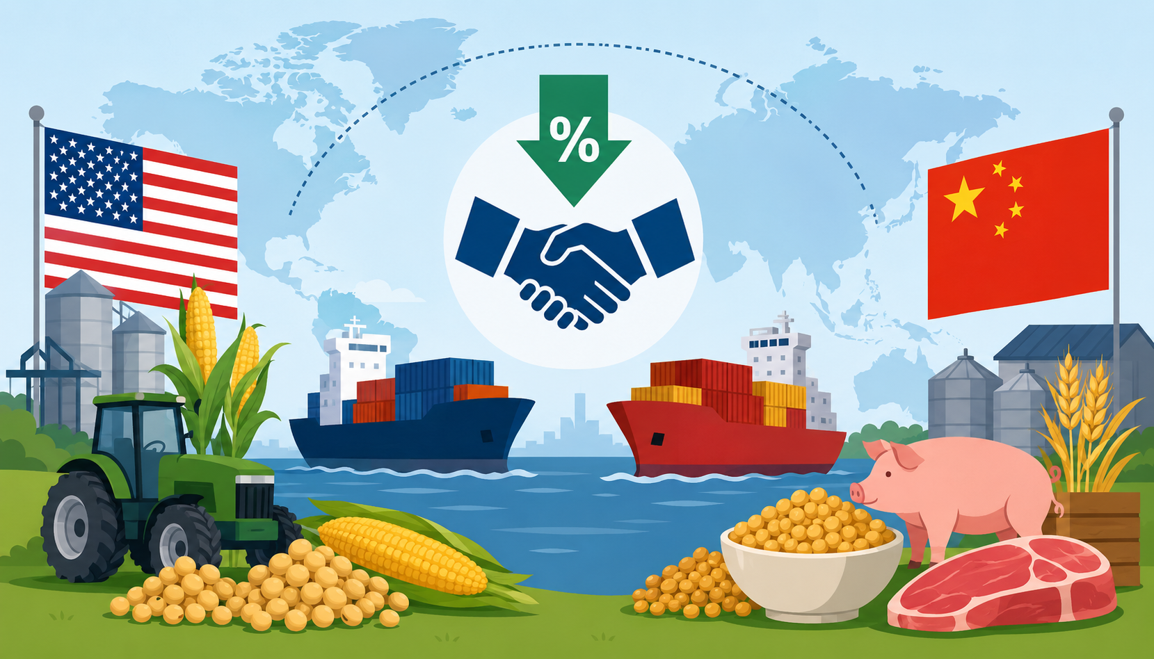 Flat vector illustration of US-China agricultural tariff cuts featuring cargo ships, farm products, and global trade symbols.