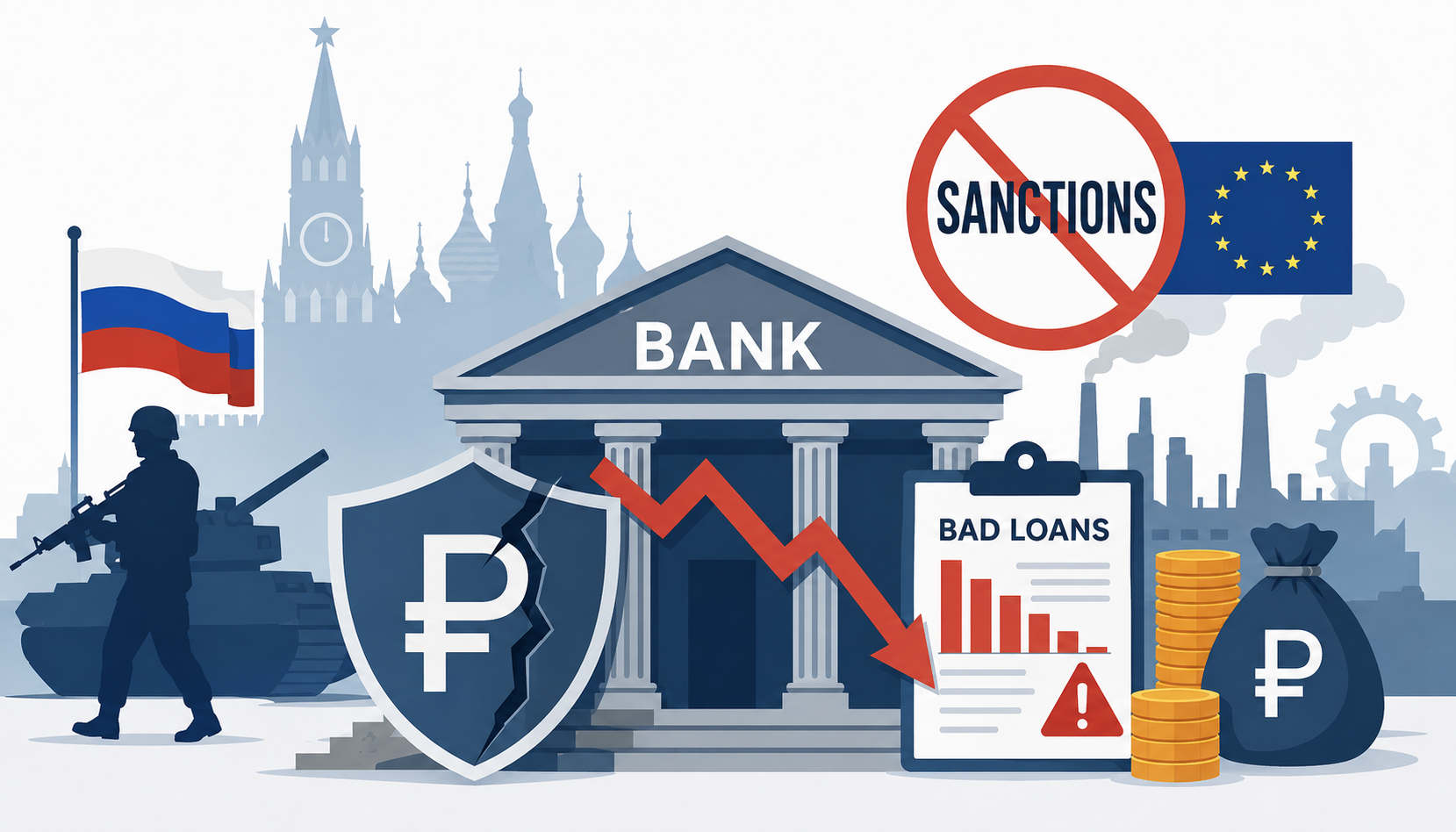 Flat vector illustration of Russia's banking sector under pressure from the Ukraine war, featuring a bank, declining financial chart, sanctions symbol, and ruble icon.