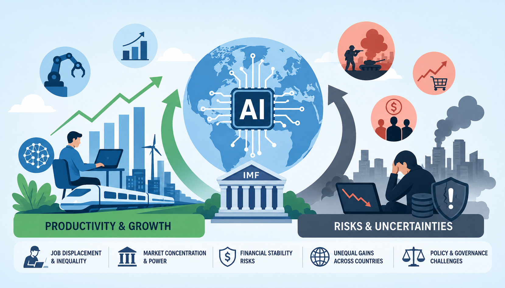 Flat-design illustration showing AI supporting the global economy while highlighting geopolitical conflict, inflation, and financial risks, based on the IMF's latest outlook.