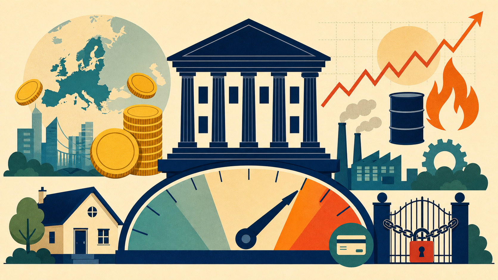 European central bank, rate gauge, energy costs and locked credit gate in a flat editorial illustration