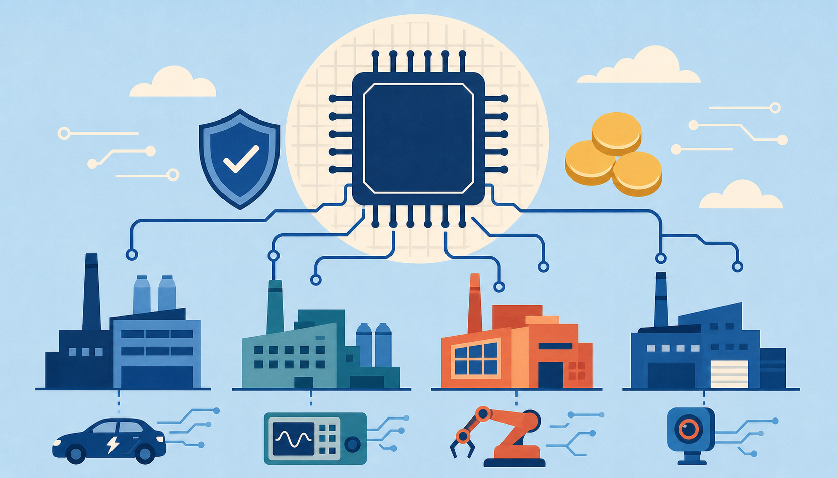 Four chip factories linked to a central semiconductor and protected supply chain.