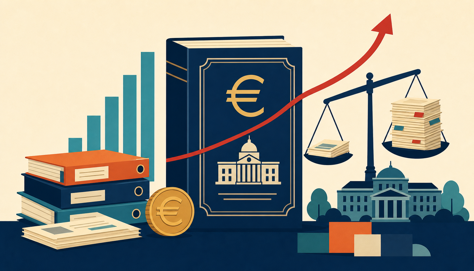 Flat illustration of French public debt papers, euro coin and rising debt curve