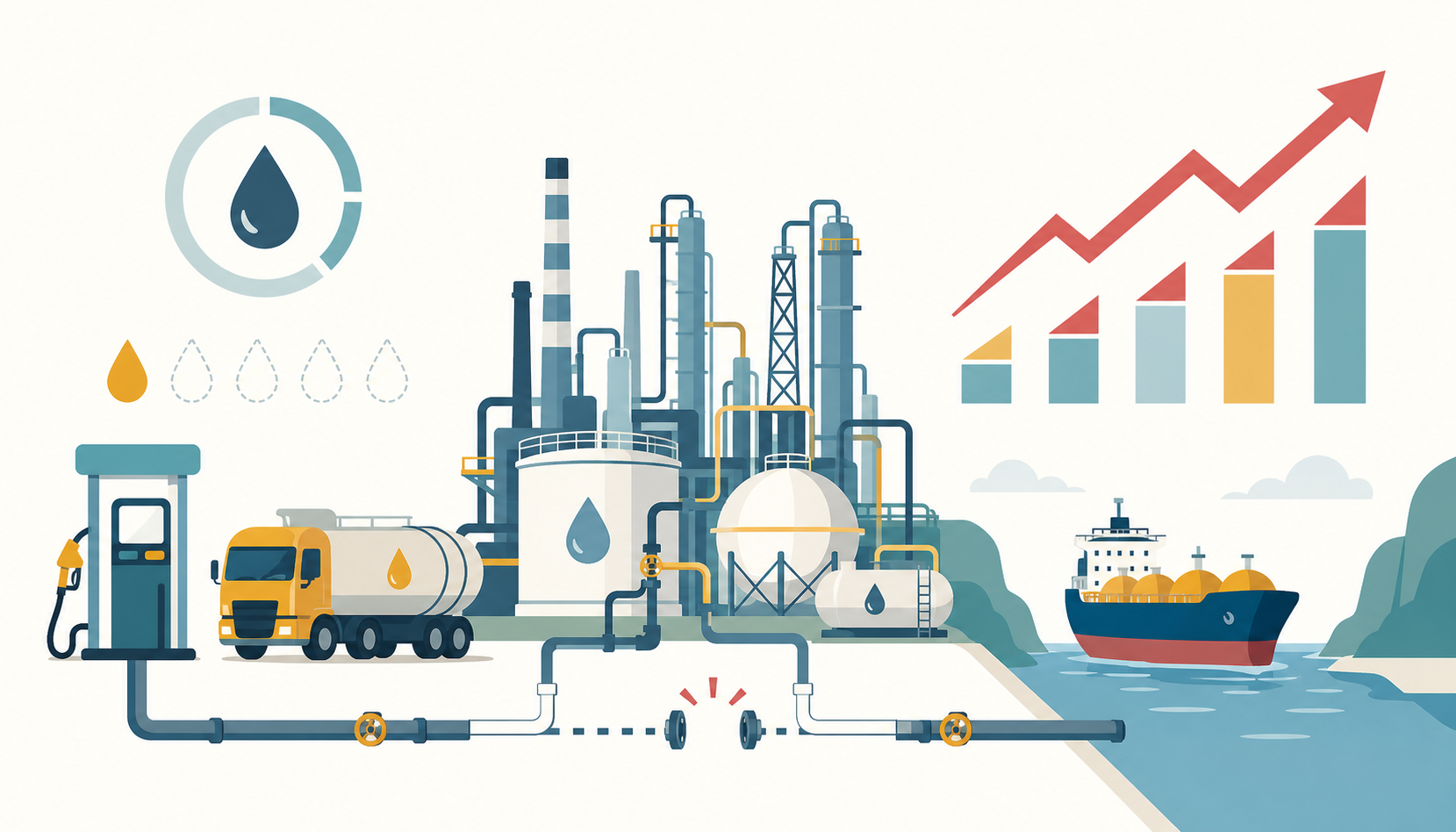 Flat illustration of an oil refinery, fuel pump, tanker truck and cargo ship showing tight global diesel and gasoline supplies.