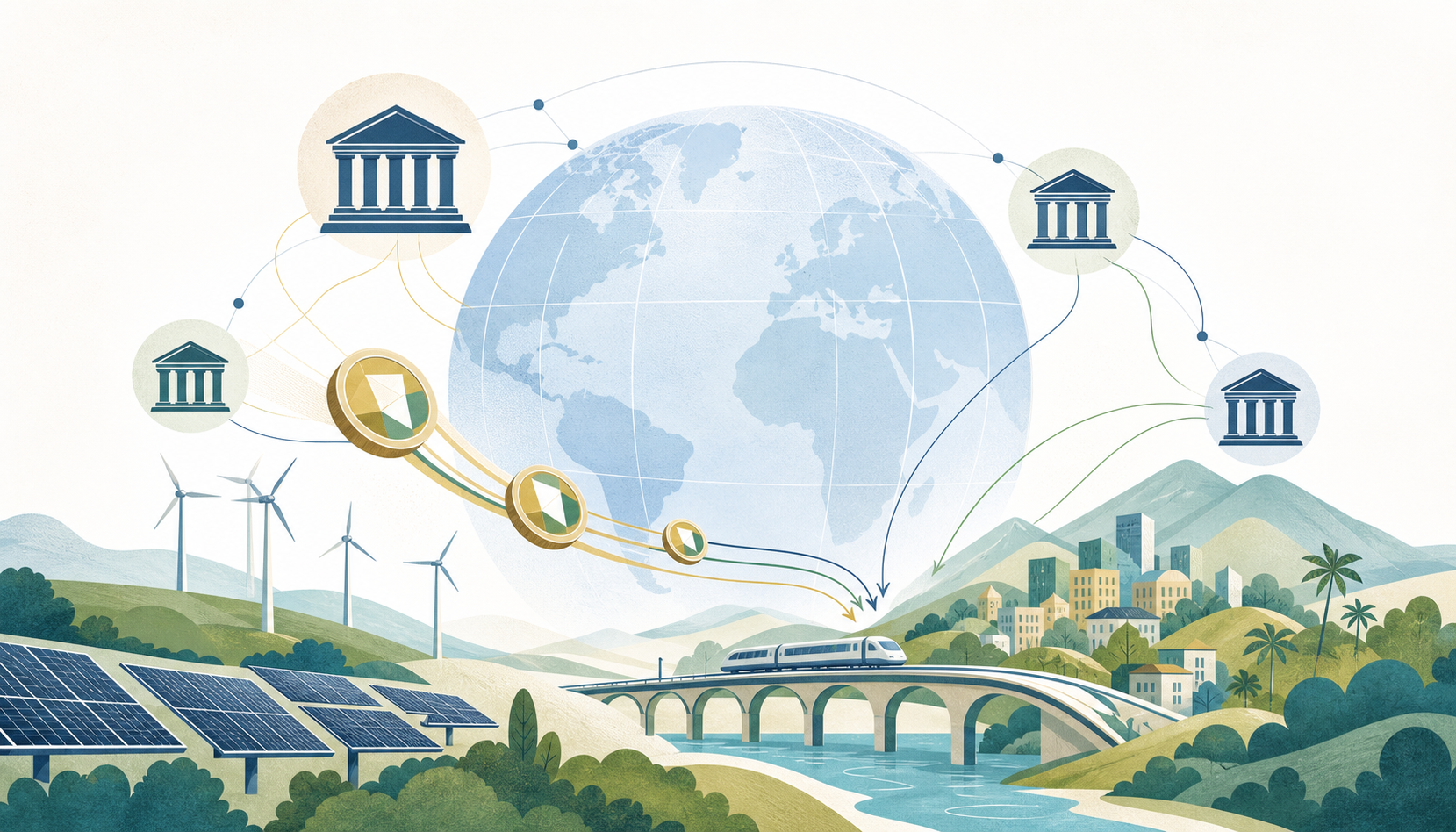Editorial illustration of global development-bank finance flowing into renewable energy and resilient infrastructure.