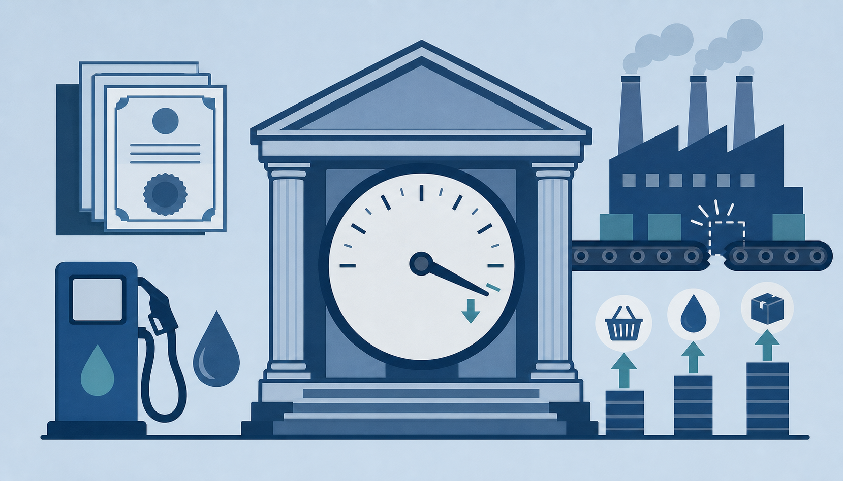 Cool blue illustration of a central bank rate dial, fuel costs, bonds and disrupted factory output