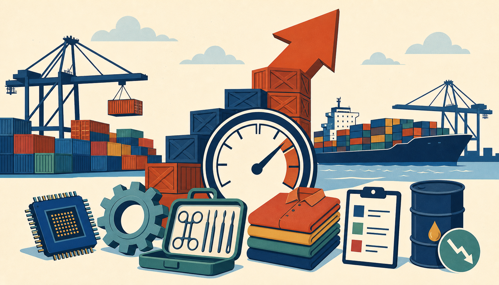 Cargo port, containers, and price dial illustrate rising U.S. import costs outside fuel.