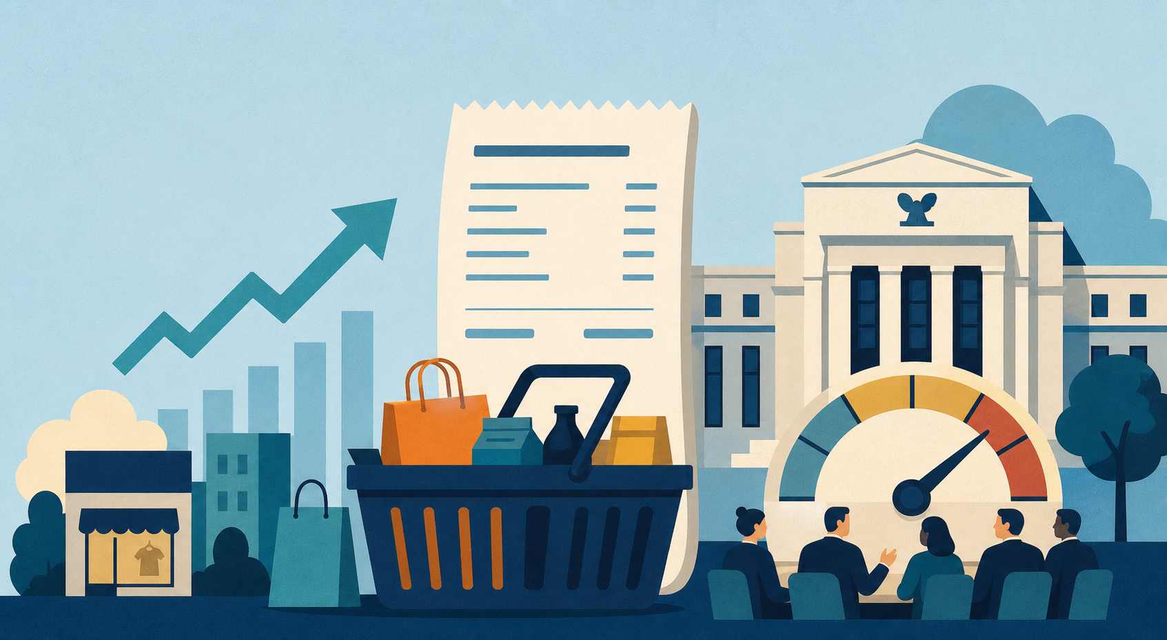 Retail basket, sales receipt and interest-rate dial outside a stylized central bank building.