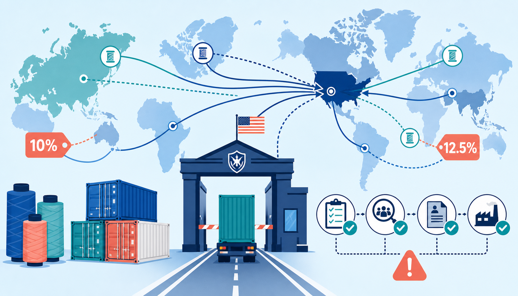 Flat illustration of global trade routes, U.S. customs checks, and 10% and 12.5% tariff markers