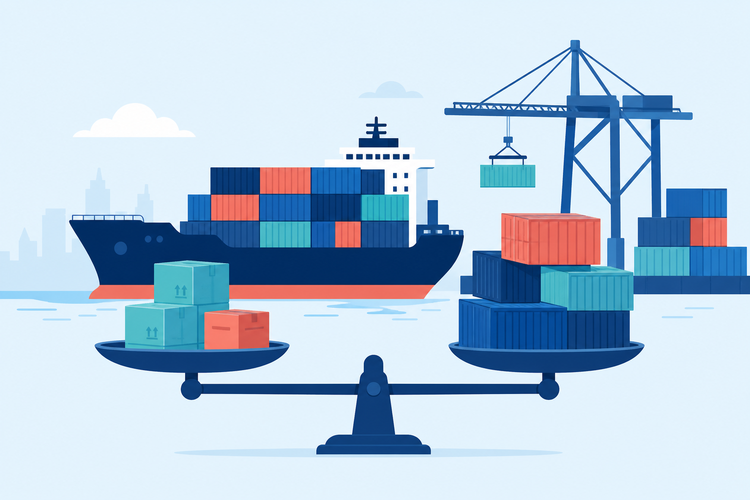 Flat illustration of a cargo ship, containers, crane, and trade balance at a port.