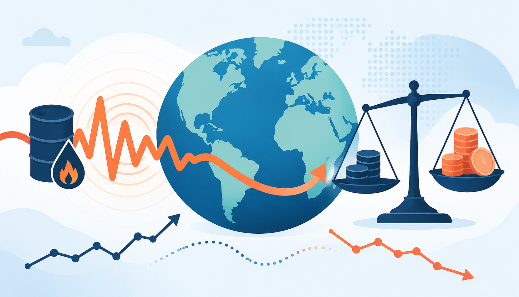 Flat illustration of a globe, oil barrel, energy price wave, and fiscal balance scale