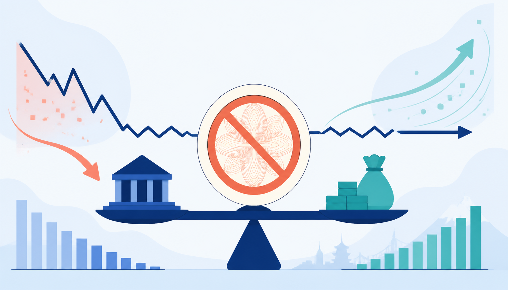 Flat illustration of a balance scale and abstract currency-market lines.