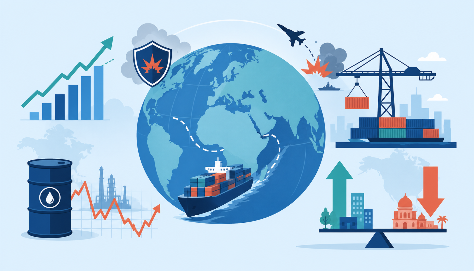 Flat illustration of global trade, energy routes and uneven economic risk