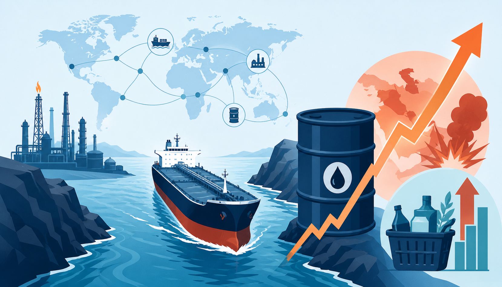 Flat illustration of an oil tanker, refinery, rising price curve and global trade network.