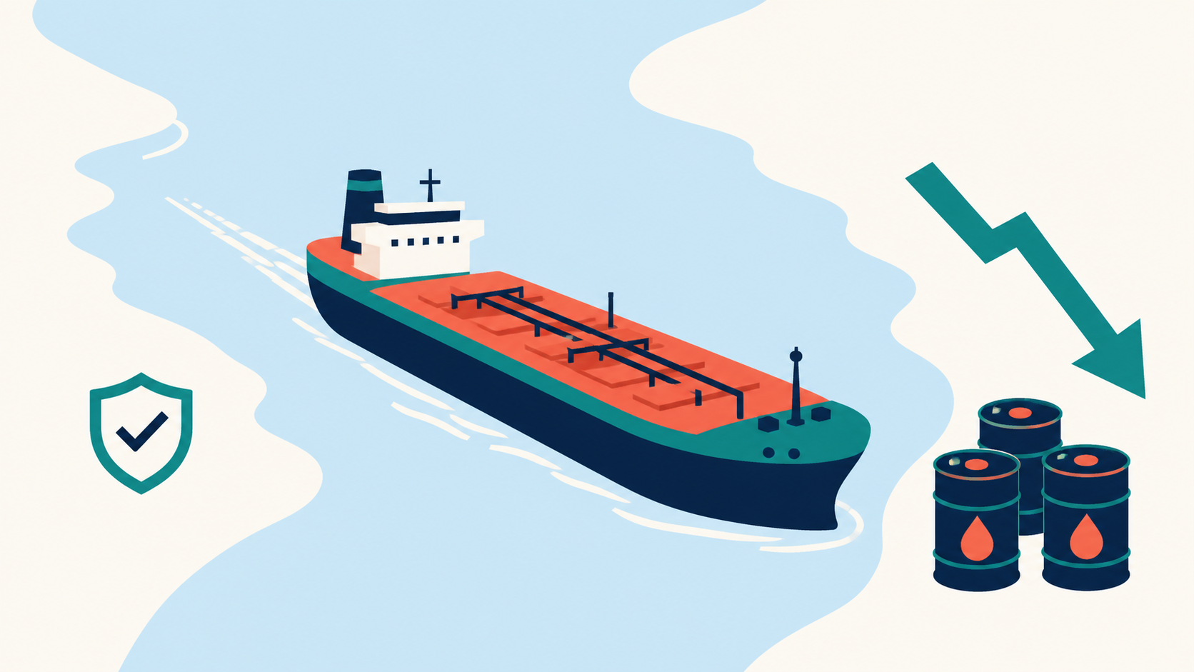 Flat illustration of an oil tanker moving through a sea channel beside oil barrels and a falling price arrow.