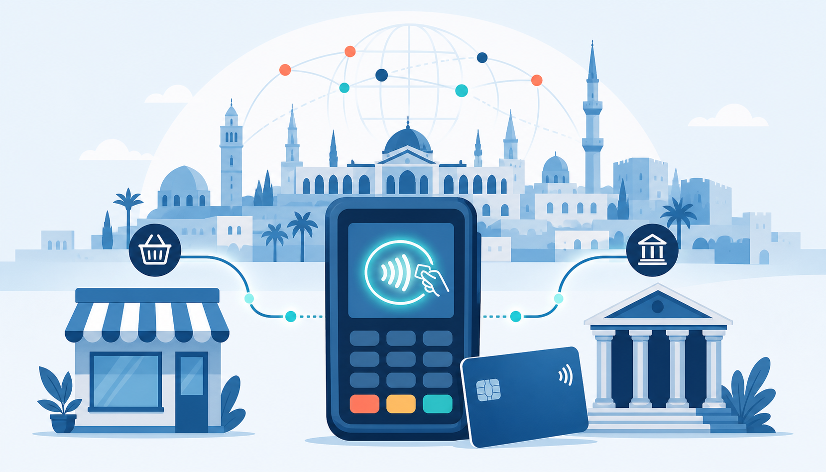 Flat editorial illustration of Syria reconnecting to international card payment networks