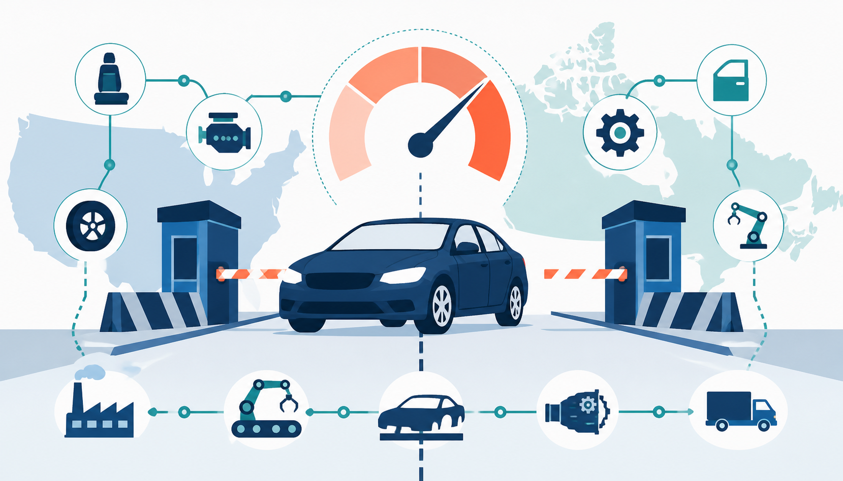 Flat illustration of a car crossing a U.S.-Canada border with tariff and supply-chain symbols.