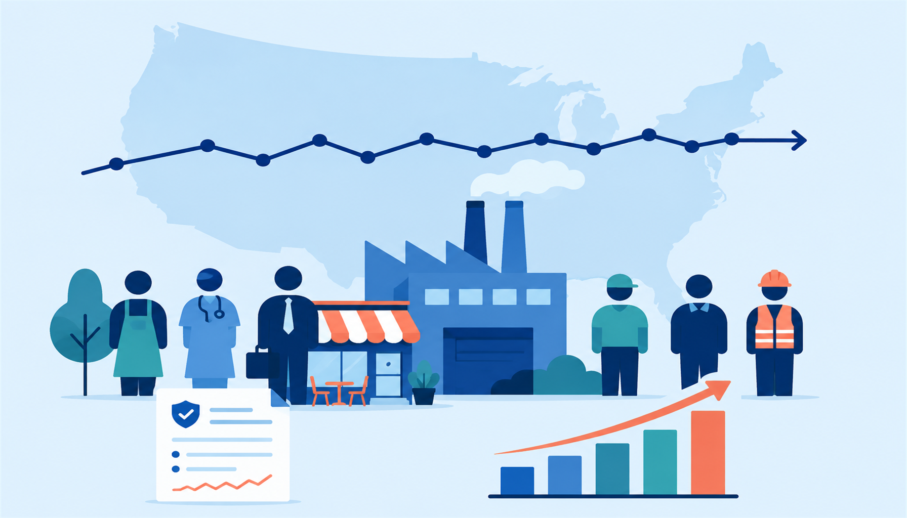 Flat illustration of a stable US labor market with employment chart, factory and storefront
