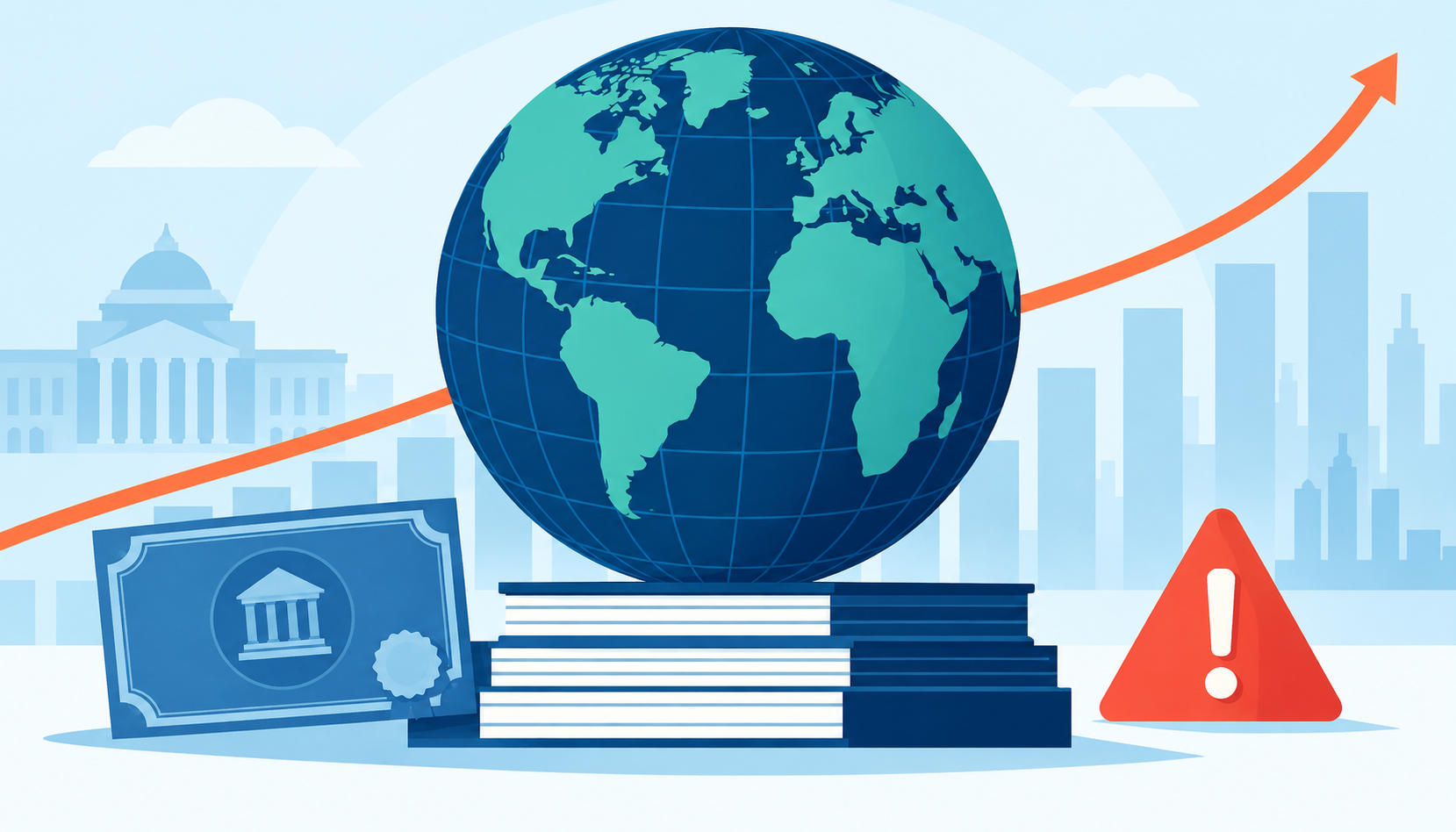 Flat illustration of a global globe, debt curve, bond certificate, and fiscal risk marker.