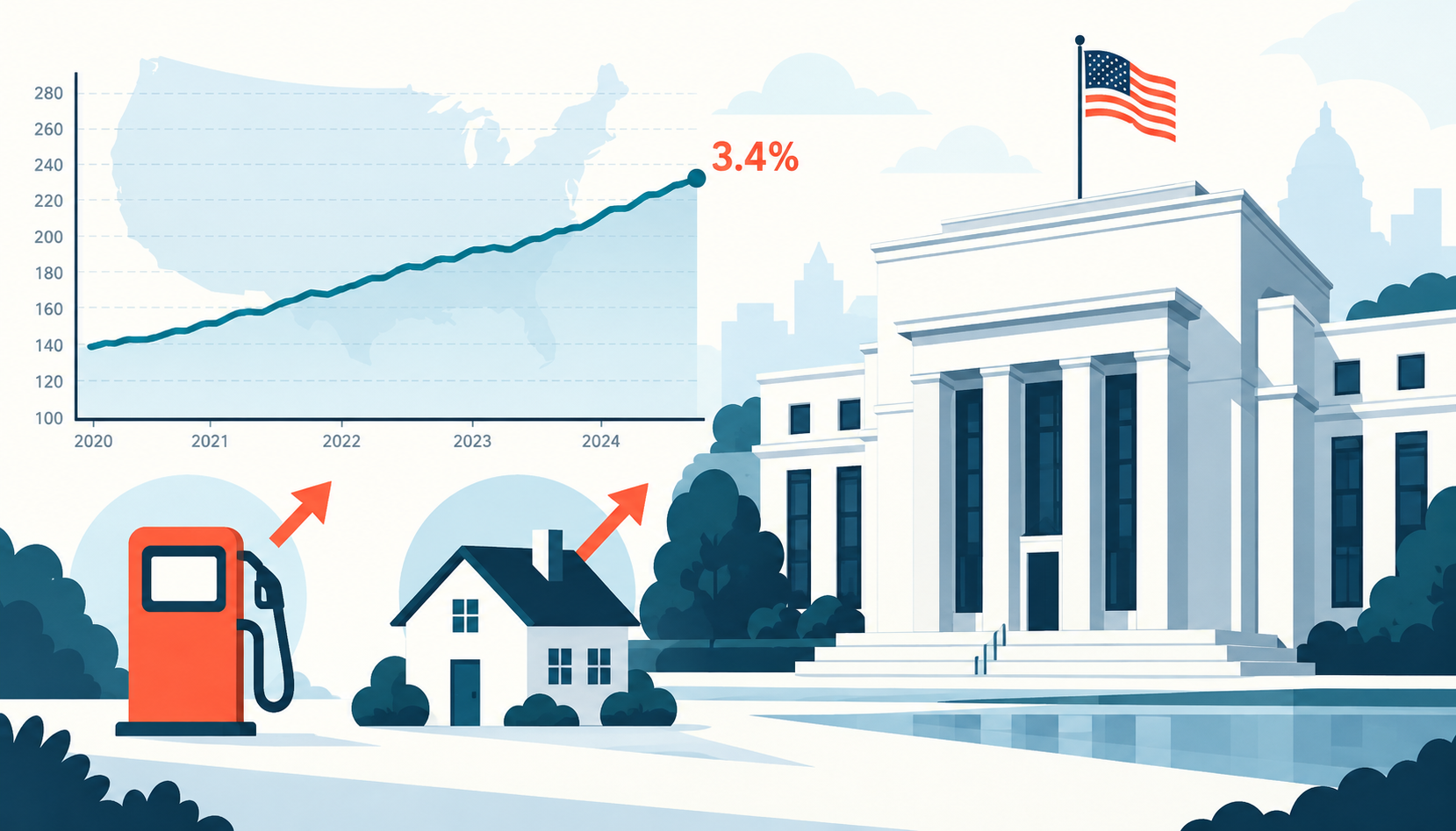 US inflation chart with Federal Reserve building, gasoline pump, house, and 3.4 percent CPI marker