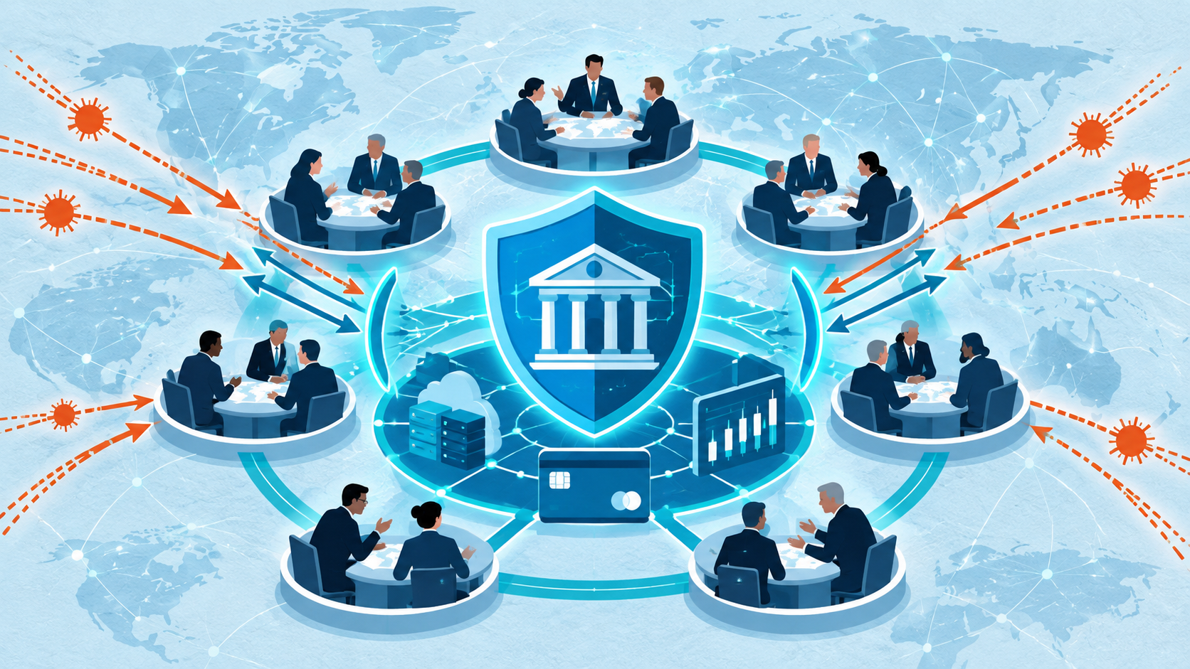 Flat illustration of seven financial authorities coordinating against AI-enabled cyberattacks