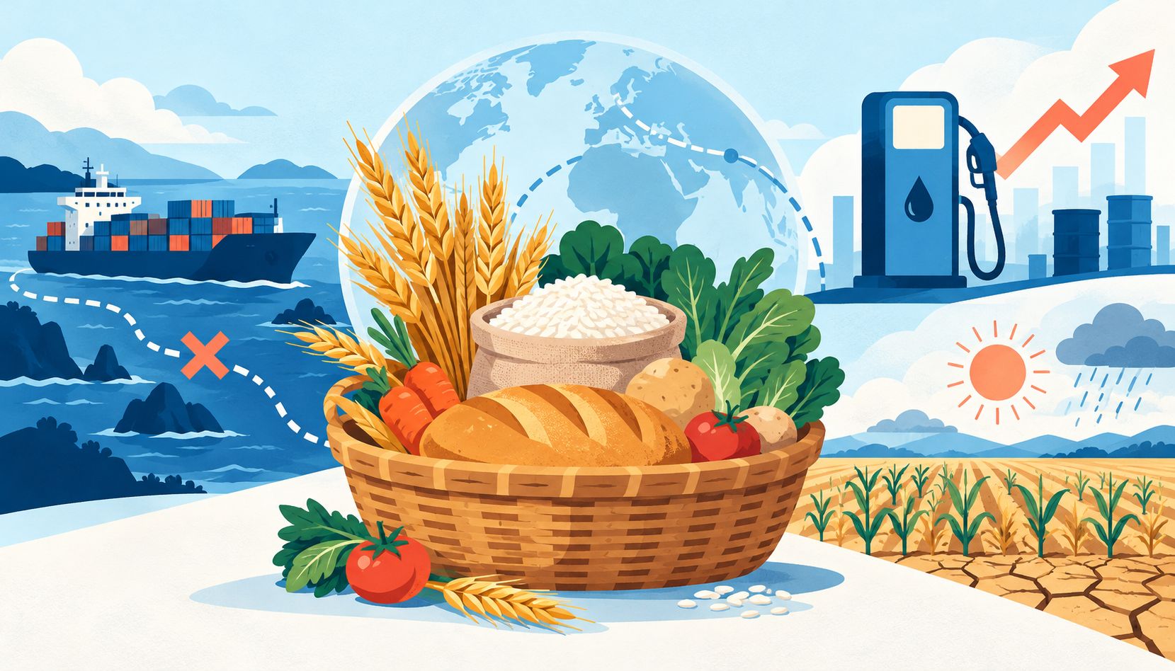 Flat illustration of a food basket under pressure from disrupted shipping, energy costs and dry weather