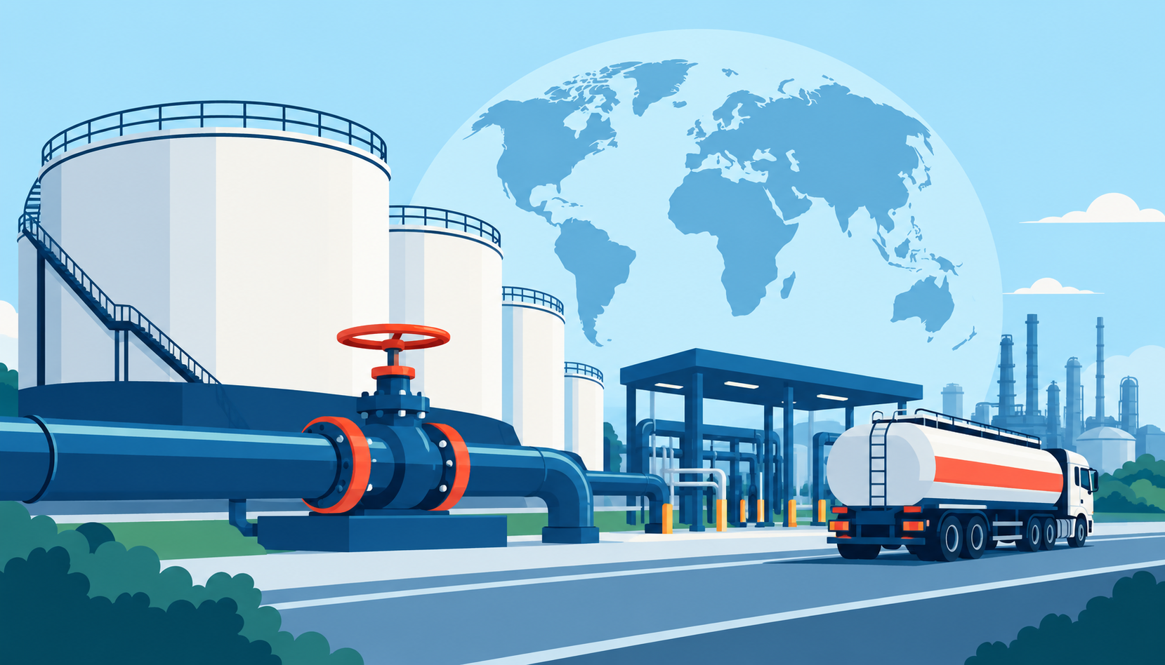 Strategic oil tanks and an open pipeline valve supplying a diesel truck beside a refinery and globe.