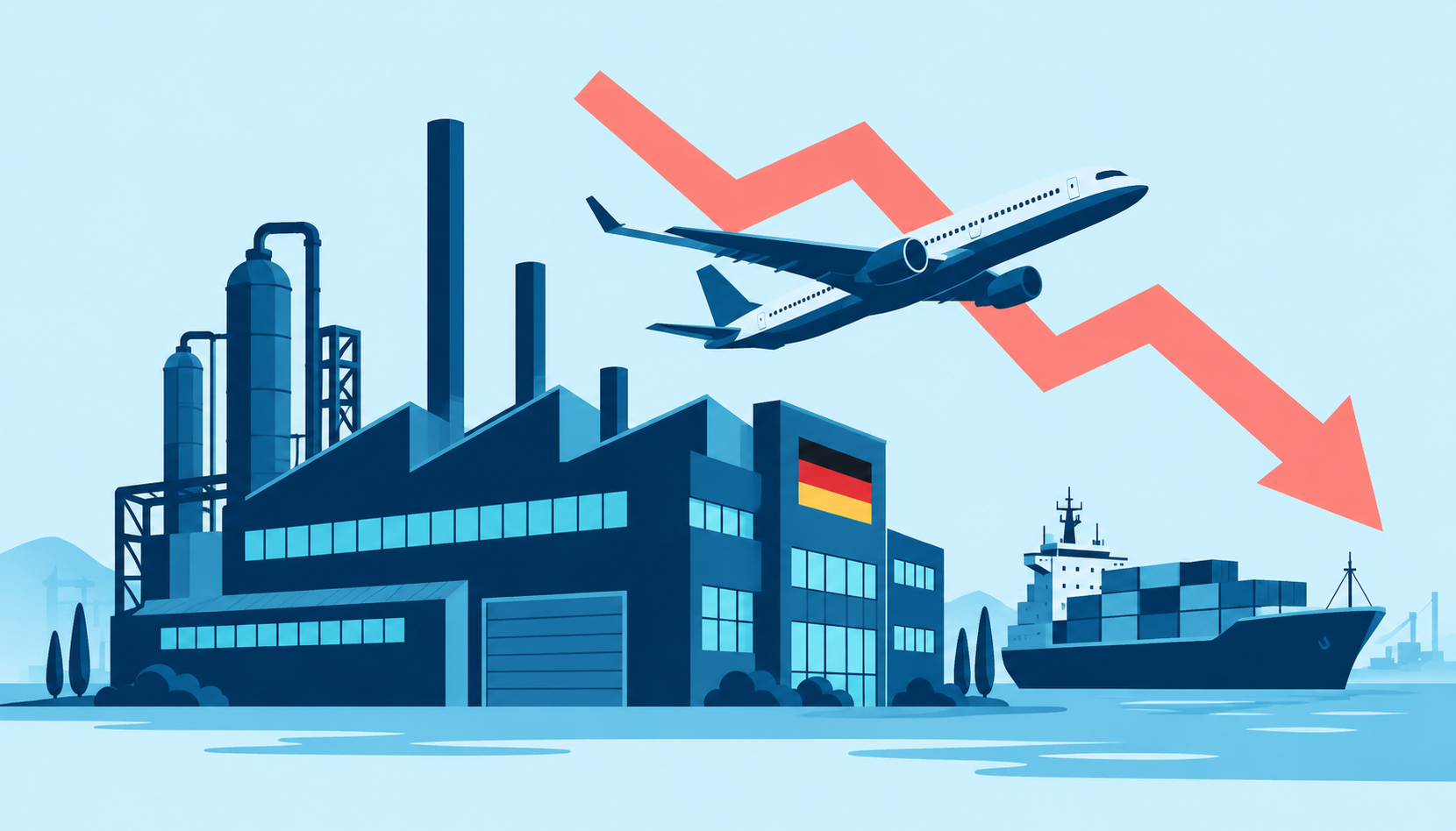 Flat illustration of a German factory, ship and aircraft with a symbolic downward arrow for manufacturing orders.