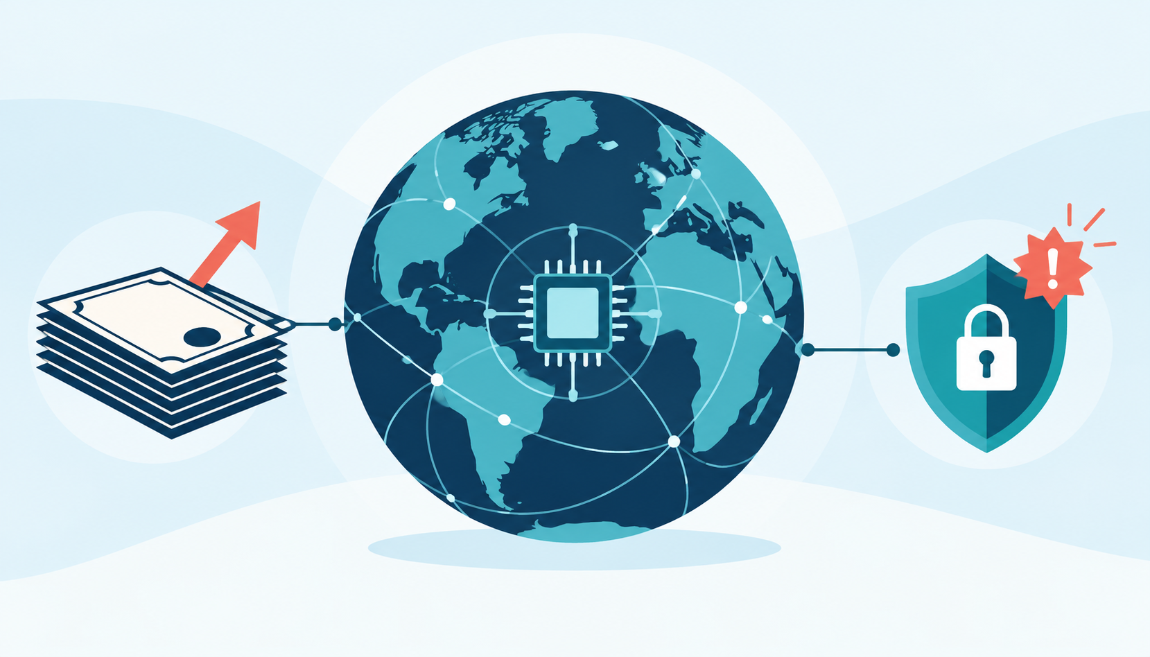 AI chip on a globe beside bond certificates, a rising yield arrow and a cybersecurity shield