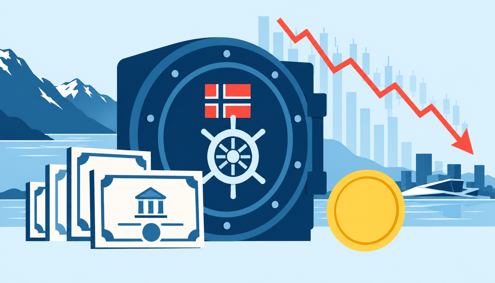 Flat illustration of Norway's sovereign wealth portfolio with bonds, a krone coin and a downward price line