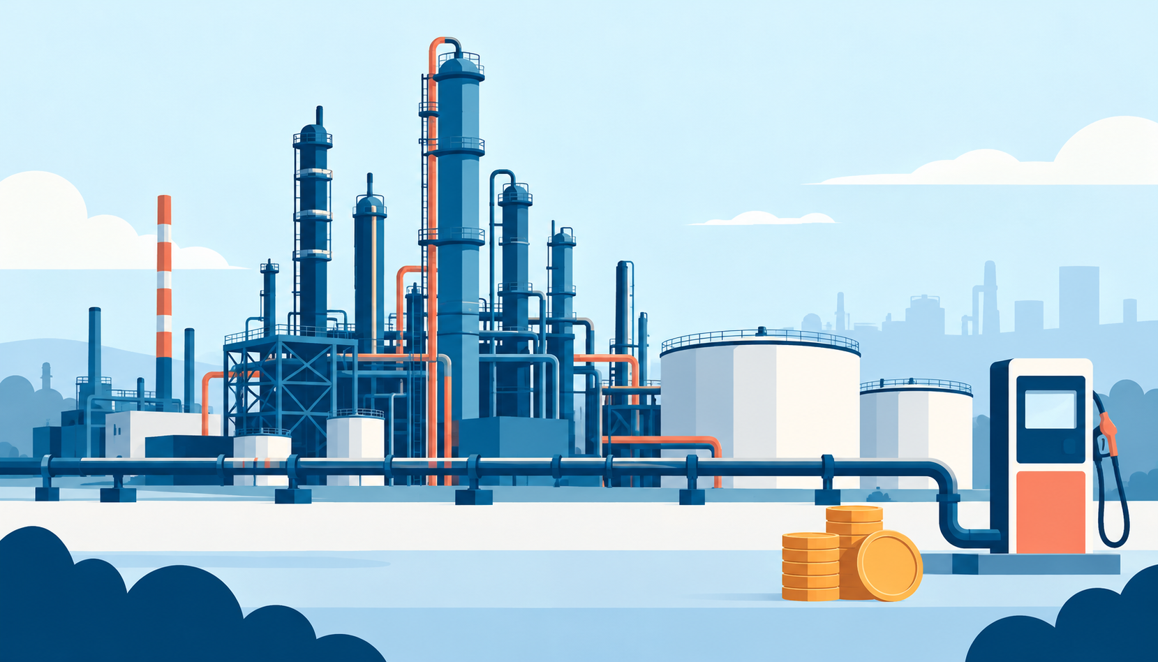 Flat illustration of a US refinery connected to storage tanks, a pipeline and a fuel pump