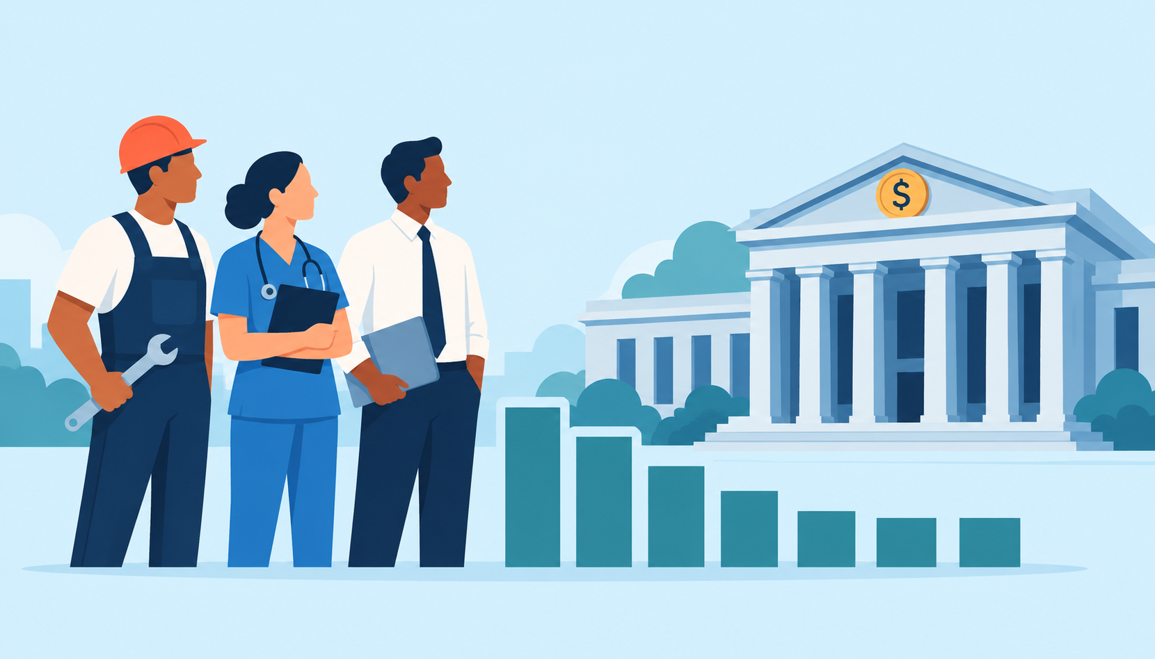 Illustration of U.S. workers, a slowing hiring motif and a generic central bank with a dollar symbol.